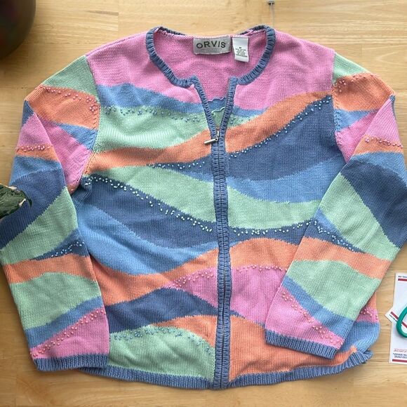 Vintage ORVIS Rainbow Pastel Zip Up Medium 100% Cotton - Picture 1 of 5